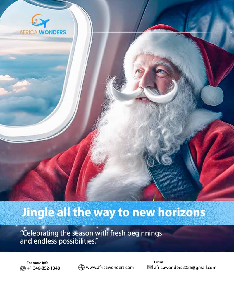 Africa wonders holiday travel promotion featuring festive text over a scenic horizon, offering new beginnings for 2025,